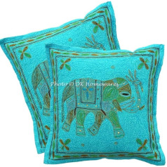 DK Homewares Dekoratīvie dīvāna spilvenu pārvalki 40 x 40 cm Kokvilnas tirkīza izšūti spilvenu pārvalki Dekoratīvie spilveni Guļamistaba Zilonis Boho Square Dekoratīvie spilvenu pārvalki - 2 komplekti (tikai pārvalks)