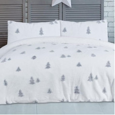 Sleepdown Teddy Fleece Tree Jacquard White Reversible Duvet Cover Set with Pillowcases Thermal Bedding Warm Cozy Super Soft Easy Care King (230 x 220 cm)