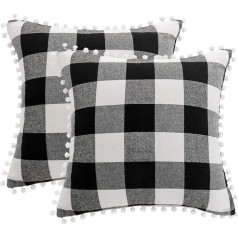 PiccoCasa 2 gabali Buffalo Check Plaid Throw spilvenu pārvalki ar Pompoms Classic Retro Plaid spilvenu pārvalki Dekoratīvie dīvāna spilvenu pārvalki mājas dekoram 18 x 18 collu melns un balts