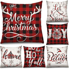 6 Ziemassvētku spilvenu pārvalki 18 x 18 collu Buffalo Plaid spilvenu pārvalks Ziemassvētku spilvenu pārvalks Holiday Throw spilvenu pārvalks Xmas ziemas dīvāna dīvāna guļamistabas rotājumiem (sarkans, melns)