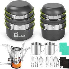 Odoland Camping Cooking Set 16 gab. kempinga virtuves piederumu mērīšanas komplekts 2 cilvēkiem Viegls katls panna Mini pavārs ar 2 kausiem Dakšas naža naža karotes komplekts