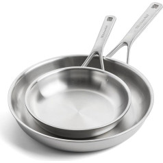 KitchenAid MultiPly nerūsējošā tērauda PFAS-Free keramikas nesadalāms pannu komplekts, izgatavots no nerūsējošā tērauda, 2 gabali, 20 cm un 28 cm, trīskāršs, daudzslāņu, indukcijas, piemērots lietošanai cepeškrāsnī līdz 220 °C, piem