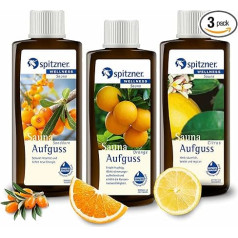 Spitzner Pirts uzlējuma komplekts ar C vitamīnu (3 x 190 ml) - Wellness Sauna, dabīga pirts eļļa ar aromātisku pirts aromātu smiltsērkšķu, apelsīnu, citrusaugļu smaržu