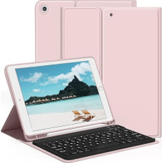 aoub iPad 9. paaudzes/iPad 8. paaudzes/iPad 7. paaudzes klaviatūras korpuss ar tastatūru iPad 10.2 2021/2020/2019, bezvadu QWERTZ tastatūras korpuss ar zīmuļa turētāju, rozā krāsā