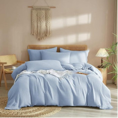 Luofanfei Kokvilnas muslīna gultasveļa 135 x 200 cm Zils Gaiši zils Renforce Plain Summer Cooling gultasveļas komplekts Plain Soft Duvet Cover Crinkle Look Non-Iron ar Zip un spilvendrānu 80 x 80 cm