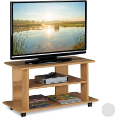 Relaxdays TV galdiņš ar ritenīšiem, 2 nodalījumi televizoram, konsolei un uztvērējam, pārvietojams TV galdiņš, HBT 45 x 80 x 40 cm, dabīgs, koka efekts