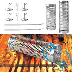 Grillkorb, 360 Grad drehbarer Drehspießkorb, Edelstahl-Grillkörbe für Outdoor, Camping, Grillrost für Grill, Gemüse, Pommes Frites, Fisch (30 cm un 31 cm), 2 Stück