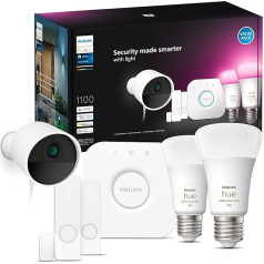 Philips Hue Secure Starter komplekts, Hue Secure vadu kamera, Hue kontakta sensori, Hue E27 baltās un krāsainās apgaismojuma lampas, Hue tilts, divvirzienu saruna, vadāma ar Hue lietotni