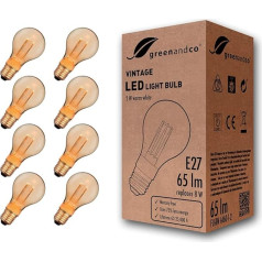 Greenandco® 8 x Vintage Design LED spuldzes garastāvokļa apgaismojumam, E27 A60 Edisona spuldze, 2 W 65 lm 1800 K zeltaini silti balta, 320°, 230 V, bez mirgošanas, bez regulējama apgaismojuma