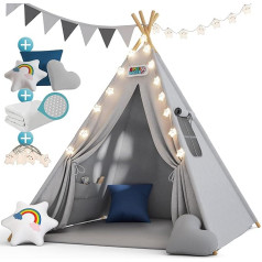 Spielwerk® Bērnu rotaļu telts Teepee kokvilna 130 x 130 x 160 cm Grīdas paklājs Virtene Pasaku gaismas 3 spilveni Koka stabilizācija Pārnēsāšanas soma Bērnu telts Zila krāsā