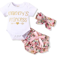 KISSB Baby meitene apģērbs tētis meitene vēstule drukāt Romper ziedu Bloomers ar galvas lentu 3 gabalu toddler apģērbu komplekts - rozā - 3-6 mēneši, balta/rozā, balta/rozā