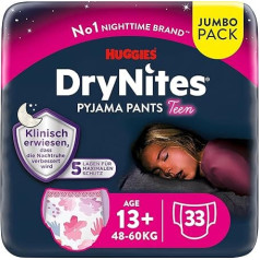 Huggies DryNites nakts autiņbiksītes meitenēm no 13 līdz 17 gadiem (48-60 kg) 33 gabali (3x11), lielās mēneša autiņbiksītes