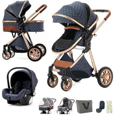 BEBBY 3-in-1 bērnu ratiņi Kombinētais ratiņu komplekts 2-in-1 Buggy Salokāms luksusa augstas ainavas jaundzimušo pārnēsājamais bērnu ratiņu komplekts (zils)