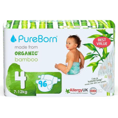 PureBorn Eco Organic bambusa autiņbiksītes, 4 izmērs (7-12 kg), 96 gabali, videi draudzīgas, hipoalerģiskas, īpaši mīkstas, ar mitruma indikatoru, ar dažādiem apdrukām