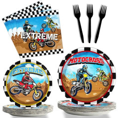 Dirt Bike dzimšanas dienas svinību rotājumi zēniem Motociklu tēma Partijas tēmas plāksnes Salvetes rotaļlieta Dirt Bike Party Supplies Motokrosa galda piederumi Viesu dāvana bērniem 24 zēniem un meitenēm