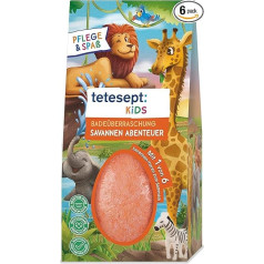 tetesept Kids Bath Surprise Savannah Adventures - burbuļojoša vannas bumba ar svaigu aromātu un Savannas kolekcionējamu figūriņu - burbuļojoša vannas rotaļa un apelsīnu ūdens - 6 x 190 g