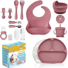 Silicone Baby Feeding Set, 14 Pieces, Baby Lid, Weaning Accessories with Split Plate with Lid, Cup, Adjustable Bib, Toddler Spoon and Forks, Perfect for Self Feeding with