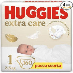 Huggies Extra Care Bebè 1 izmēra autiņbiksītes (2-5 kg), īpaši labi uzsūcošas, 160 gab. iepakojumā