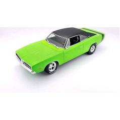 Maisto Dodge Charger R/T '69: 1:18 mēroga modelis ar izplūdes sistēmu, atveramām durvīm, atveramu bagāžnieku un motora nodalījumu, xxxx cm, zaļš (532612)