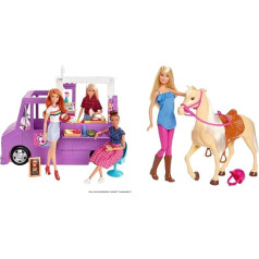 Barbie GMW07 Food Truck Vehicle rotaļu komplekts ar 30+ aksesuāriem, no 3 gadiem & FXG94 FXH13 Zirgs ar purnu un lelle ar kustīgiem ceļgaliem, leļļu rotaļlietas un leļļu aksesuāri no 3 gadiem