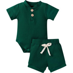 Bērnu zēnu uzvalki ar īsām piedurknēm Romper + šorti Vasaras toddler zēni ar īsām piedurknēm cietā T-krekls Romper topi šorti Bērnu bērnu 2 gabalu komplekts un apģērbi vasaras apģērbu komplekts (zaļš, 12-18 mēneši)