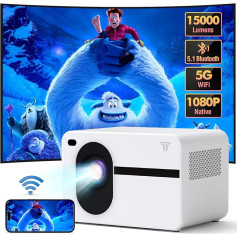 Mini projektors, Full HD 1080P projektors, atbalsta 4K, 5G WiFi Bluetooth āra projektors, 15000 lūmenu mājas kino projektors, 40-300 collu projekcijas izmērs, saderīgs ar