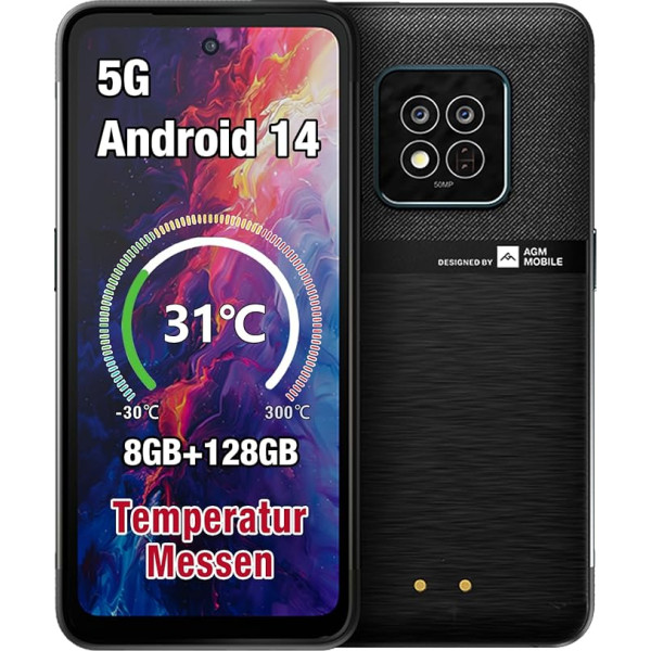 AGM X6 5G āra mobilais tālrunis bez līguma ar temperatūras sensoru (2024), 8GB + 128GB/512GB, 6,78 collu FHD+ displejs, Android 14 izturīgs ūdensnecaurlaidīgs viedtālrunis, 50MP + 16MP, Dual SIM/Face