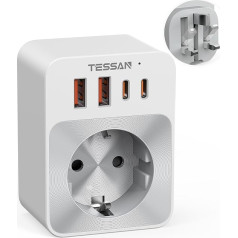 TESSAN adapteris Anglija Vācija kontaktdakša, 5 in 1 G tipa ceļojuma adapteris ar 2 USB C un 2 USB A, neliels salokāms dizains, 3250 W kontaktligzdas adapteris Anglijā, 20 W USB C ātrās uzlādes adapteris, UK adapteris uz ES