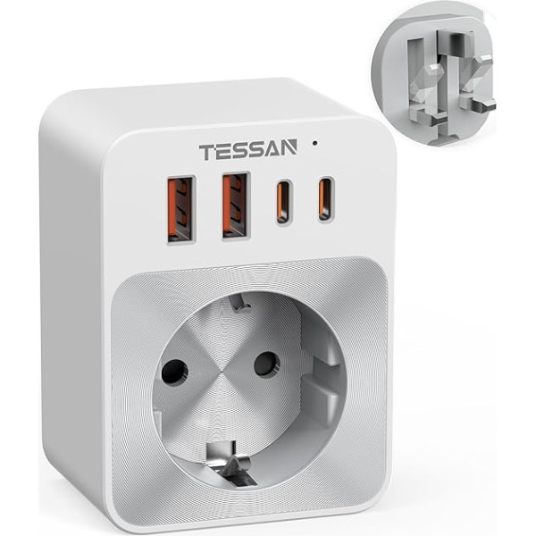 TESSAN adapteris Anglija Vācija kontaktdakša, 5 in 1 G tipa ceļojuma adapteris ar 2 USB C un 2 USB A, neliels salokāms dizains, 3250 W kontaktligzdas adapteris Anglijā, 20 W USB C ātrās uzlādes adapteris, UK adapteris uz ES