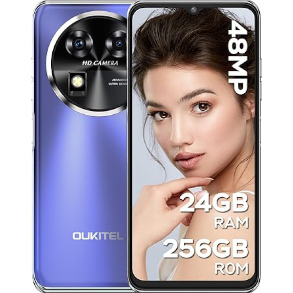 OUKITEL C37 Mobilais tālrunis bez līguma, 24GB + 256GB/1TB paplašināms 5150mAh 4G viedtālrunis, 6,6 collu FHD+ displejs, Android 13, 48MP + 32MP panorāmas kamera, sejas ID un pirkstu nospiedumi, GPS un Wi-Fi, Dual