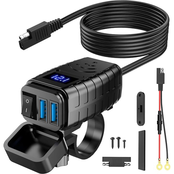 GOOPOOL Motociklu USB ligzda Ūdensizturīgs 12 V motociklu USB lādētājs ar ieslēgšanas/izslēgšanas slēdzi un LED voltmetru, QC3.0 motociklu dubultais USB lādētājs 12 V-24 V motocikla motociklam, motociklam, laivai