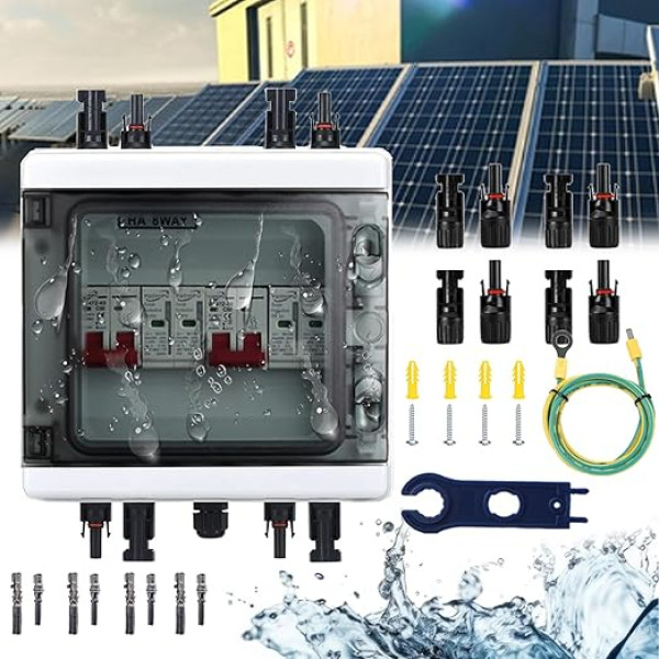 Pārsprieguma aizsardzība PV, 2 in 2 Out DC izolatora slēdzis Zibens aizsardzības ķēdes pārtraucējs 2 virknes 1000V DC 40A 20-40KA ģeneratora savienojuma kaste IP65 ūdensizturīga saules savienojuma kaste fotoelementiem