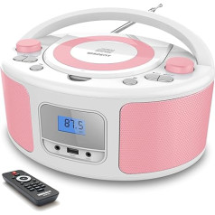 Pārnēsājams CD atskaņotājs Boombox ar Bluetooth, tālvadības pulti, FM radio, USB, MP3 atskaņošana, saderīgs ar CD-R/CD-RW (rozā + balta)