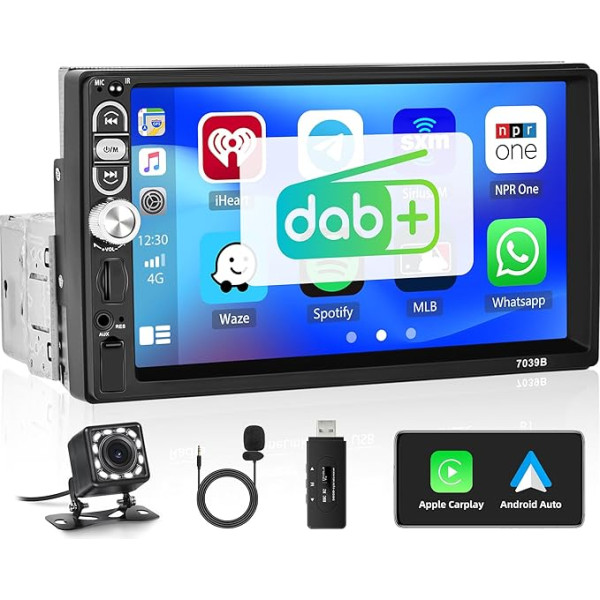 CAMECHO DAB + 1 DIN auto radio ar Carplay Android, 7 collu skārienjūtīgais ekrāns ar Bluetooth FM radio atbalsts Mirror Link TF/USB/AUX + atpakaļgaitas kamera + mikrofons, viena DIN stereo stūris