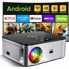 HORLAT projektors 4K mājas kino, 25000 lūmenu, projektors Full HD 1080P ar Android 9.0, WiFi 6 Bluetooth projektors, automātiskā/4P trapeces korekcija, 50% tālummaiņa, viedprojektors ar YouTube/Prime