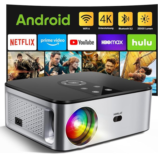 HORLAT projektors 4K mājas kino, 25000 lūmenu, projektors Full HD 1080P ar Android 9.0, WiFi 6 Bluetooth projektors, automātiskā/4P trapeces korekcija, 50% tālummaiņa, viedprojektors ar YouTube/Prime