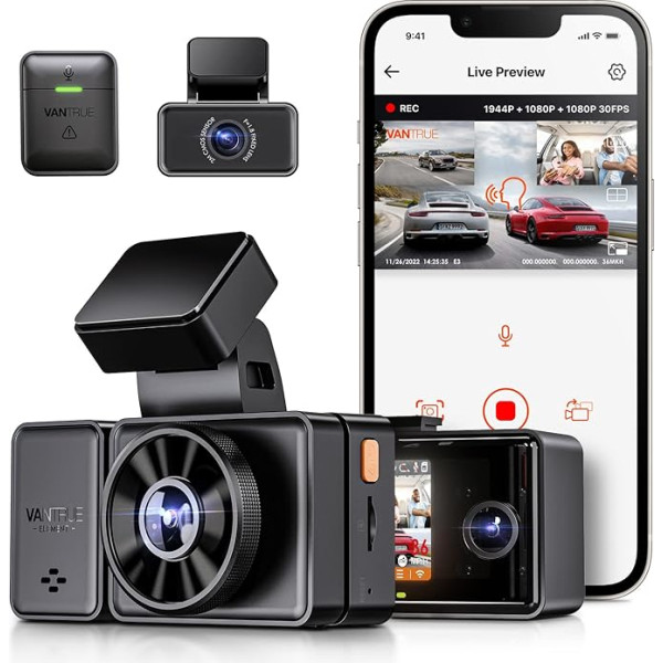 VANTRUE E3 3 objektīvu 2.7K Dash Cam ar 5GHz WiFi, 1944P + 1080P + 1080P Dash Cam, balss vadība Dashcam Auto priekšējā aizmugurējā IR nakts redzamība, 24 stundu buferis Autostāvvietas režīms Dashcameras, Loop Recording, Max 512G