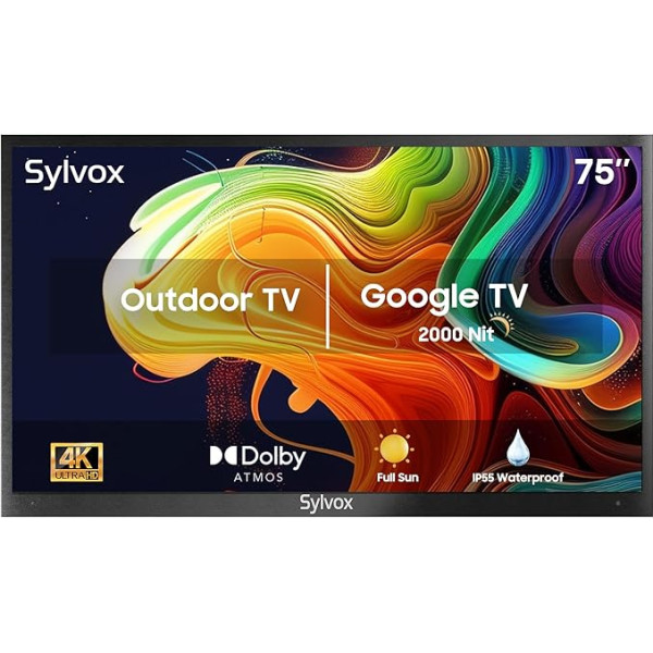 SYLVOX āra televizors 75 collu Smart Google TV āra televizors ar 4K UHD True 2000 Nits spilgtumu Balss vadība Dolby Audio Mobilais tālrunis televizorā, Pool Pro 2.0