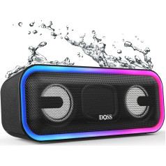 DOSS SoundBox Pro+ Bluetooth skaļrunis ar IPX6 ūdensnecaurlaidību, 24 W dubultie basa skaļruņi, stereo pārī, krāsaina gaisma, mūzikas kaste, Bluetooth kaste āra, pludmales, mājas, dārza, melns