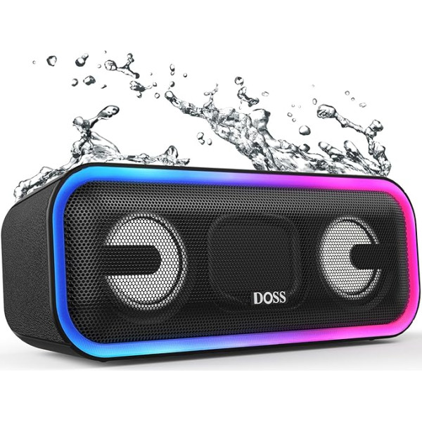 DOSS SoundBox Pro+ Bluetooth skaļrunis ar IPX6 ūdensnecaurlaidību, 24 W dubultie basa skaļruņi, stereo pārī, krāsaina gaisma, mūzikas kaste, Bluetooth kaste āra, pludmales, mājas, dārza, melns