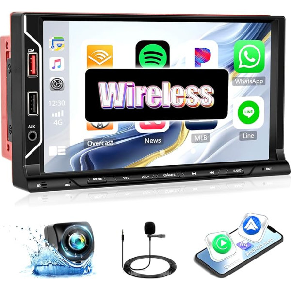 SIXWIN Double DIN auto radio ar bezvadu CarPlay Android auto radio Bluetooth 7 collu HD skārienjūtīgais ekrāns MP5 atskaņotājs Mirror Link FM/6 USB/AUX in/Fast Charge + atpakaļgaitas kameras tālvadības pults Mikrofons