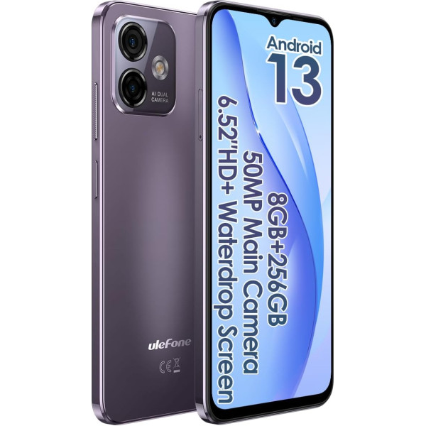 Ulefone Android 13 mobilais tālrunis bez līguma, Note 16 Pro (256 GB ROM), līdz 16 GB RAM, 50 MP kamera, Dual SIM viedtālrunis, 6,52 collu HD+ ekrāns, 4400 mAh akumulators, pirkstu nospiedumu + sejas atbloķēšana GPS