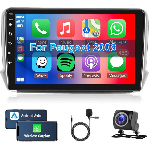 Hodozzy Android auto radio Peugeot 208/2008 2012-2018 Bezvadu Carplay Android automašīnai, 10 collu skārienjūtīgais ekrāns Radio Bluetooth HiFi navigācija WiFi RDS atpakaļgaitas kamera 2 DIN Android ekrāns Peugeot