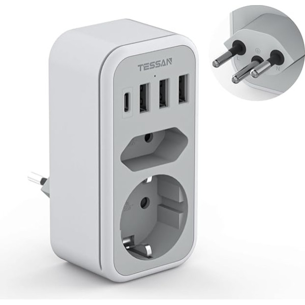 TESSAN Šveice Vācija, 6-in-1 kontaktligzdas adapteris Šveice ar 1 USB C un 3 USB A, 2500 W ceļojuma adapteris Šveice, adapteris Lihtenšteinai, Jordānijai, Šveicei, Madagaskara, ceļojuma kontaktdakšas tips