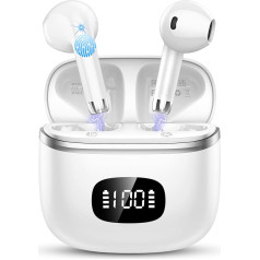 Bluetooth austiņas, bezvadu Bluetooth 5.3 austiņas ar ENC trokšņu slāpēšanas mikrofonu, In-Ear HiFi Stereo, 40 stundu atskaņošanas laiks, LED displejs, USB-C, Bluetooth austiņas darbam, spēlēm, sportam, baltas krāsas