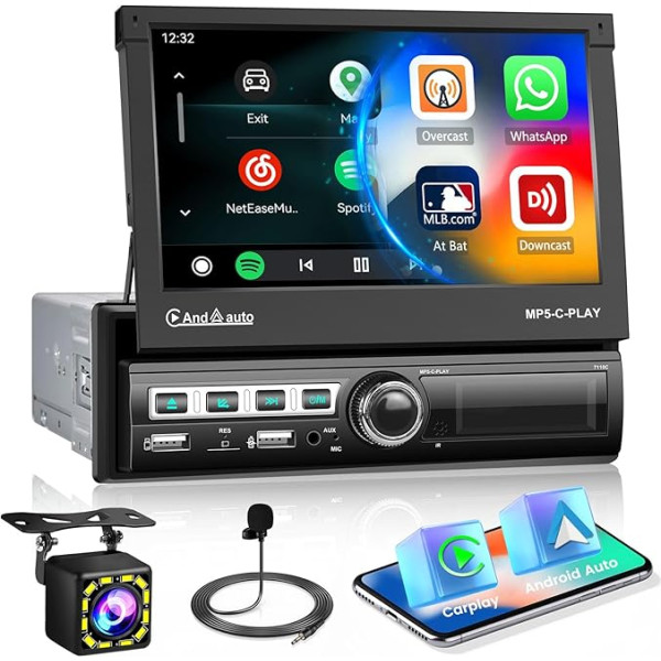 Inefala Apple Carplay Auto radio 1 DIN ar 7 collu izvelkamo skārienjūtīgo ekrānu Rācija ar Android auto Bluetooth brīvroku atslēgas FM radio Link spogulis USB SWC + atpakaļskata kamera