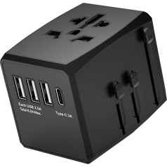 Vispasaules 3,5A ātrgaitas 3x USB+3A C tipa pieslēgvietu universālais ceļojuma adapteris ar maksimālo jaudu 1920 W 240 V maiņstrāvas strāvai