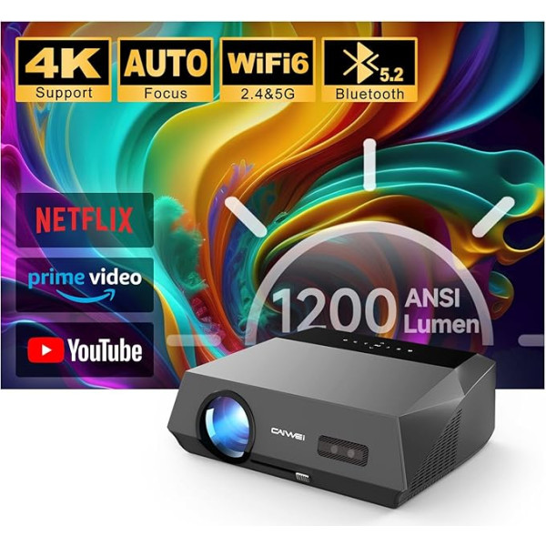 Autofokusa projektors WiFi 6 Android TV, 4K atbalsta viedo mājas kino projektoru Bluetooth 1200ANSI 1080P Full HD video projektors ar Netflix 8000+ aplikācijām, saderīgs ar Fire Stick/PS5/Phone Outdoor