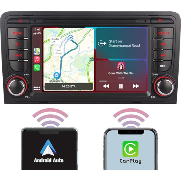 YZKONG Auto radio Audi A3 S3 RS3 2003-2012, saderīgs ar Wireless CarPlay Android Car, 7 collu skārienjūtīgais ekrāns, auto uztvērējs AM/FM/Bluetooth/USB