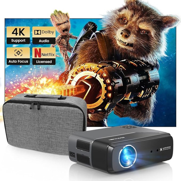 Vieds 4K projektors ar Netflix Dolby Automātiskā fokusēšana ar balss tālvadības pulti Android TV 11 WiFi Bluetooth Pārnēsājams LED 1080P Full HD mājas kinozāles āra spēļu projektors HDMI Airplay tālummaiņa Trapeces formas